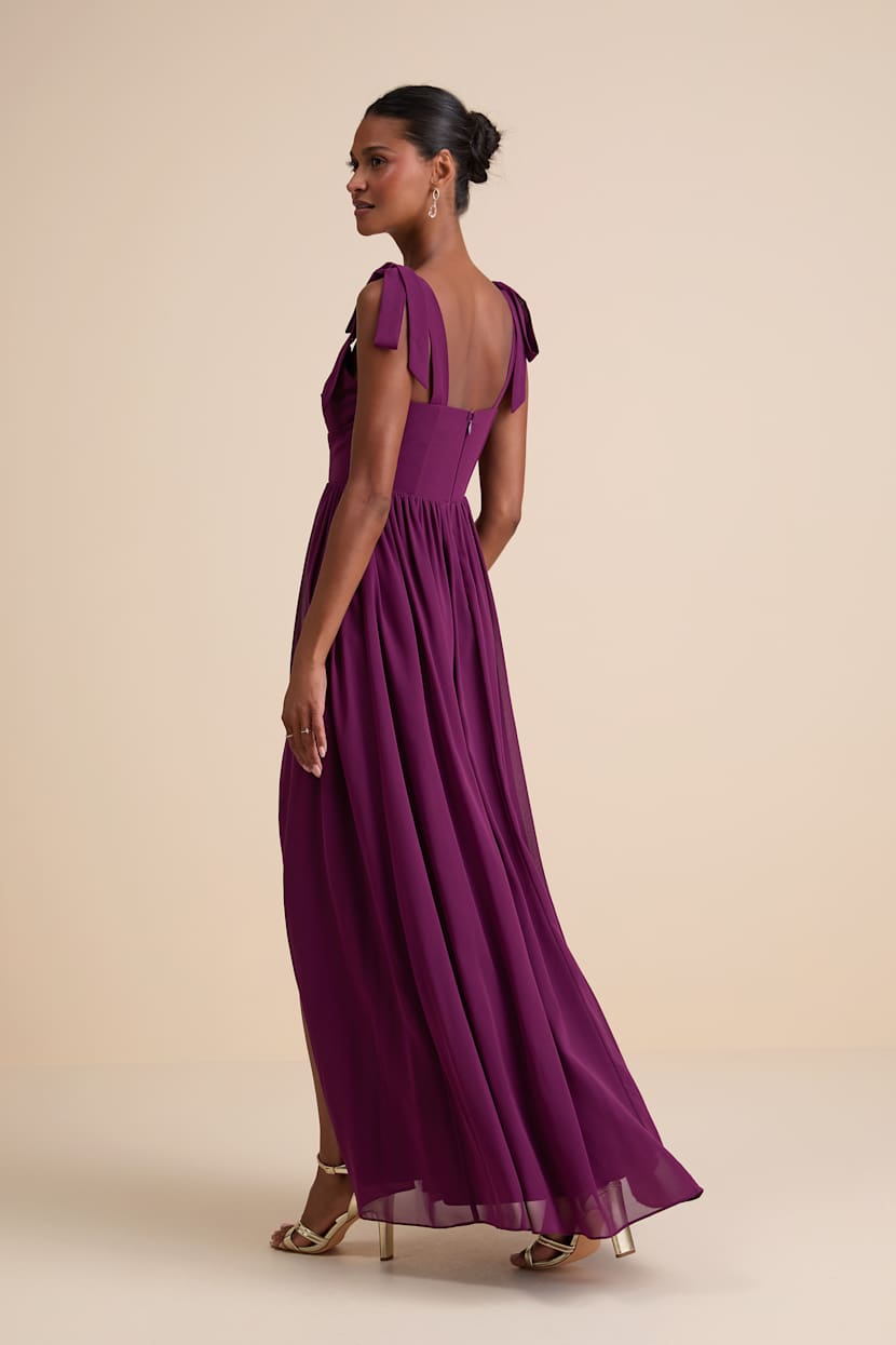Radiant Charisma Plum Chiffon Ruched Tie-Strap Maxi Dress