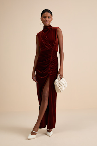 Alluring Image Rust Red Ruched Velvet Mock Neck Maxi Dress 1