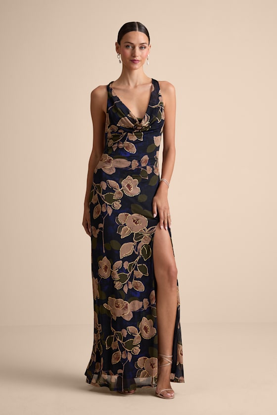 Image of Kyra Navy Floral Mesh Cowl Neck Maxi Dress