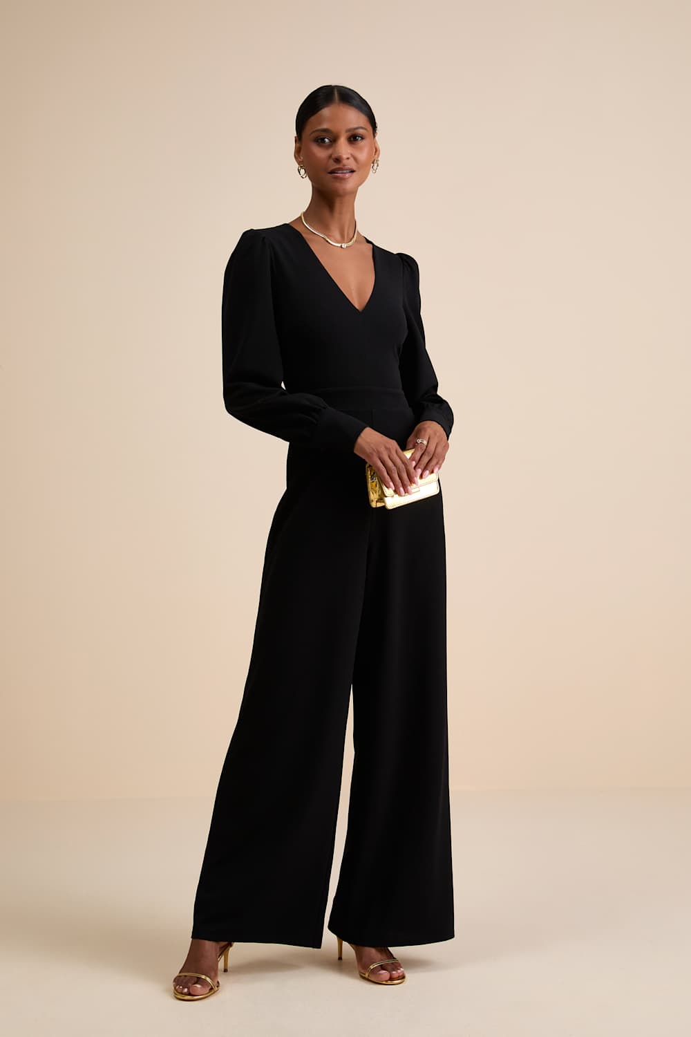 Celebrating Romance Black Long Sleeve Wide-Leg Jumpsuit