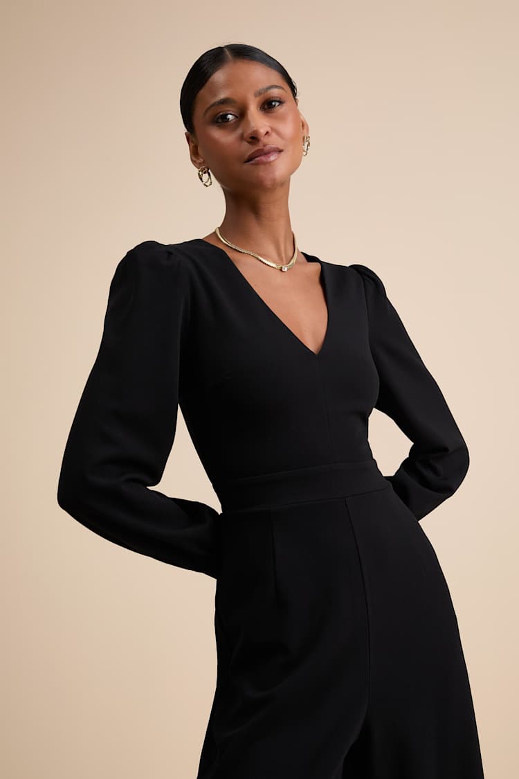 Celebrating Romance Black Long Sleeve Wide-Leg Jumpsuit