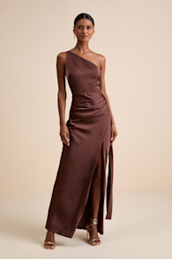 Signature Elegance Chocolate Brown Satin One-Shoulder Maxi Dress 1