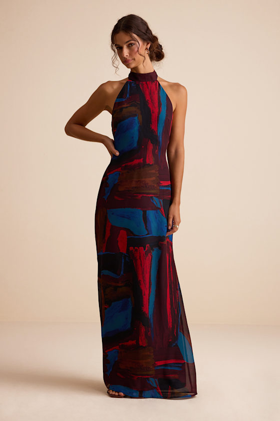 Burgundy Multi Abstract Strappy Halter Maxi Dress | Womens | X-Small (Available in XL) | 100% Polyester | Lulus