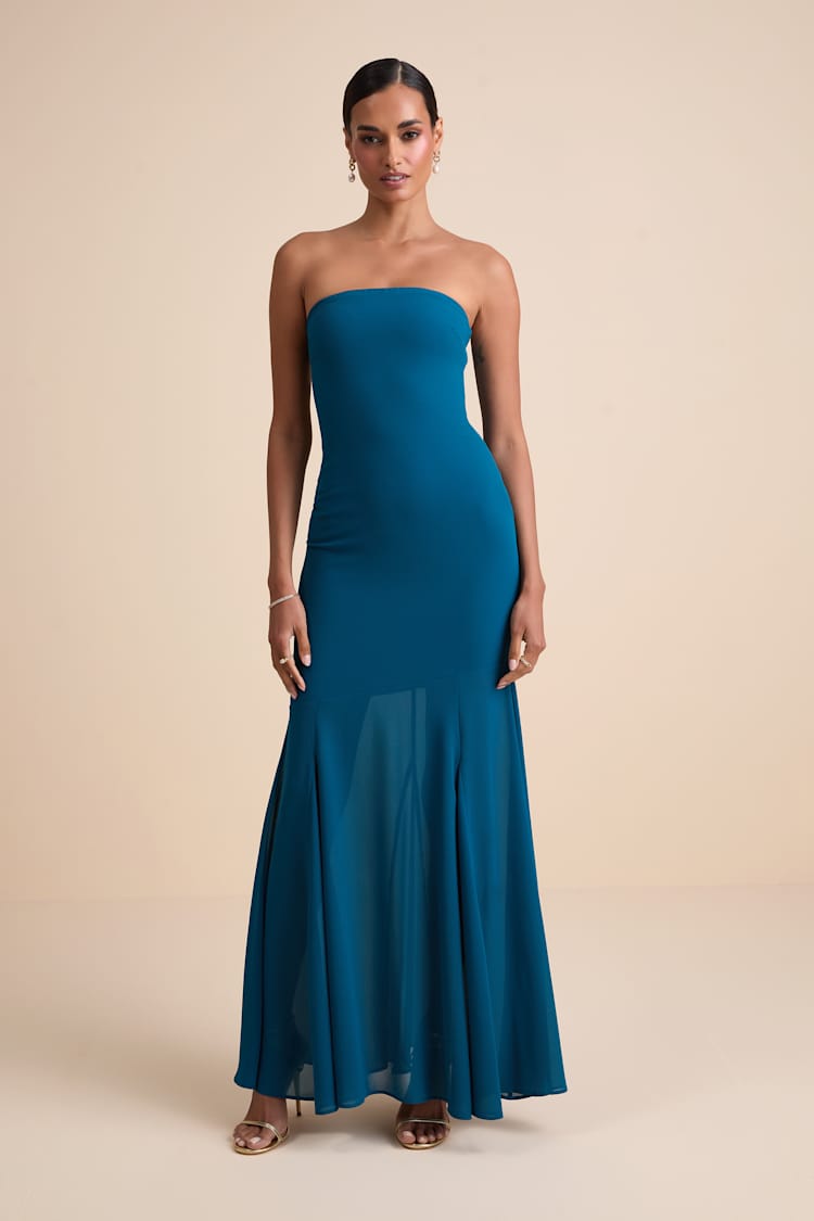 Lulus | Teal Strapless Maxi Dress | Womens | Medium | 100% Polyester