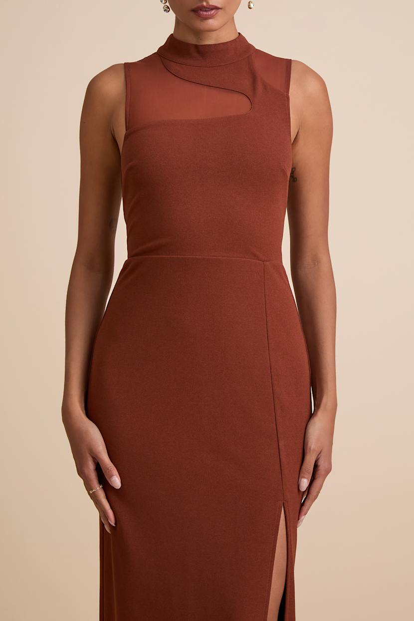 Brown Maxi Dress - Mesh Cutout Maxi Dress - Mock Neck Maxi Dress - Lulus Brown Maxi Dress - Mesh Cutout Maxi Dress - Mock Neck Maxi Dress - Lulus