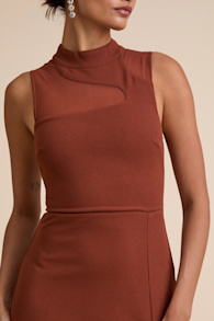 Irresistibly Modern Rust Brown Mesh Mock Neck Maxi Dress 4