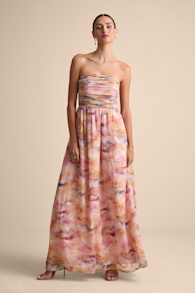 Mykala Light Pink Abstract Pleated Strapless Maxi Dress 1