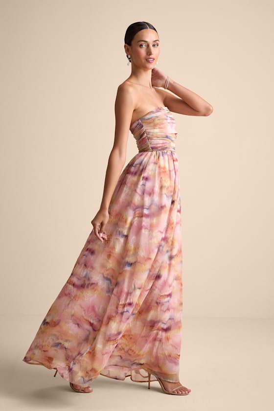 Mykala Light Pink Abstract Pleated Strapless Maxi Dress 4