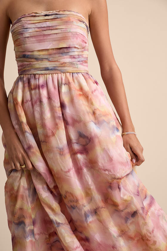 Mykala Light Pink Abstract Pleated Strapless Maxi Dress 6
