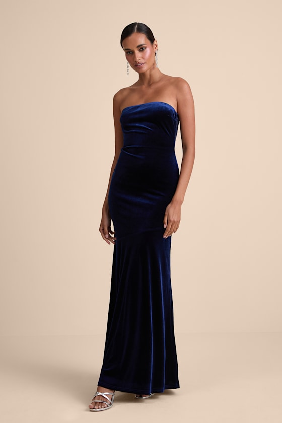 Mesmerizing Navy Blue Velvet Strapless Backless Maxi Dress 1