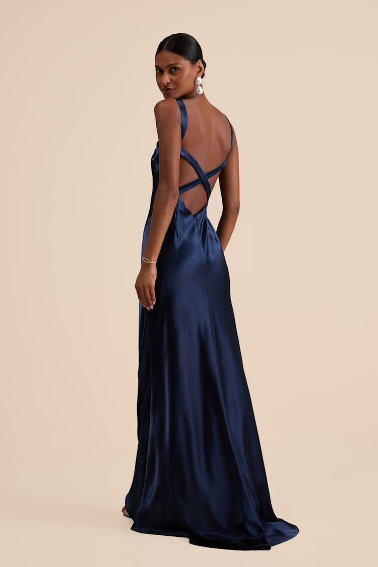 blue dress for baby girl Navy Blue Satin Spaghetti Straps Mermaid Sweetheart Long Bridesmaid  Dresses, MB182 main image 1