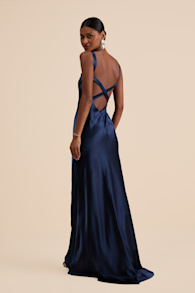 Perfectly Classy Navy Satin Strappy Maxi Dress 1