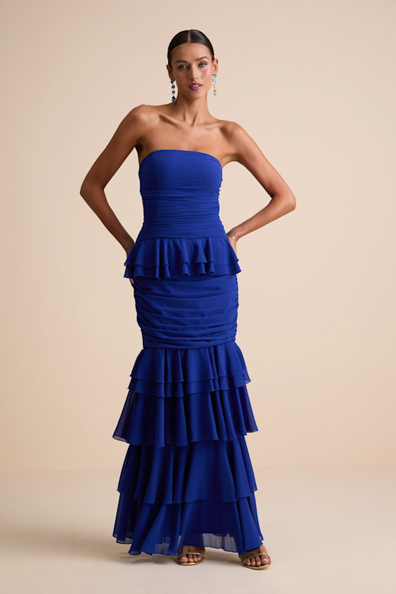 Loni Blue Strapless Ruffled Maxi Dress 1