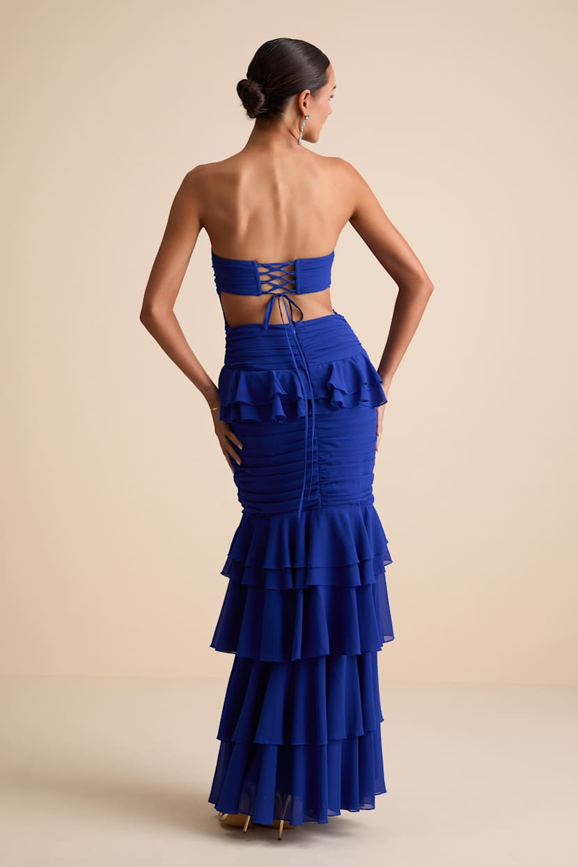 Blue Strapless Ruffled Dress - Tiered Maxi Dress- Lace-Up Dress - Lulus