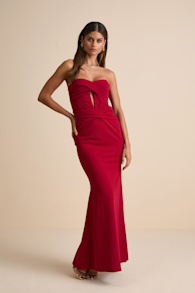 Elegant Finesse Red Pleated Cutout Maxi Dress 1