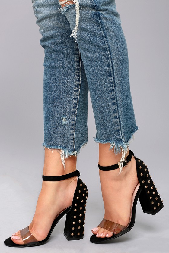 black studded ankle strap heels