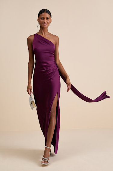 Lulus | Plum Purple Satin One-Shoulder Maxi Dress | Womens | Large (Available in XXL, XL) | 100% Polyester