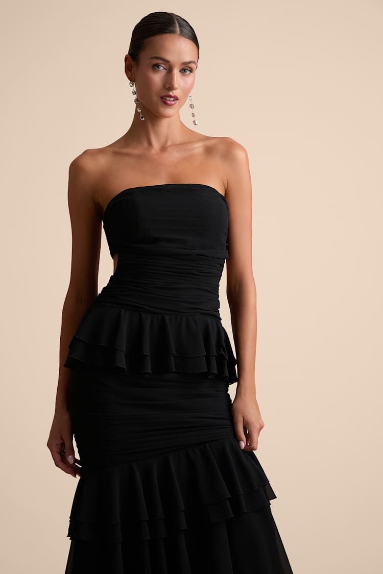 Black Strapless Ruffled Dress - Tiered Maxi Dress- Lace-Up Dress - Lulus