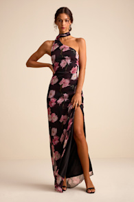 Leighna Black and Pink Textured One-Shoulder Scarf Maxi Dress 1