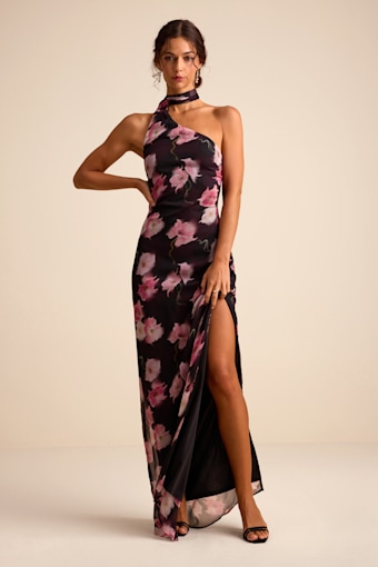 Leighna Black and Pink Textured One-Shoulder Scarf Maxi Dress 1