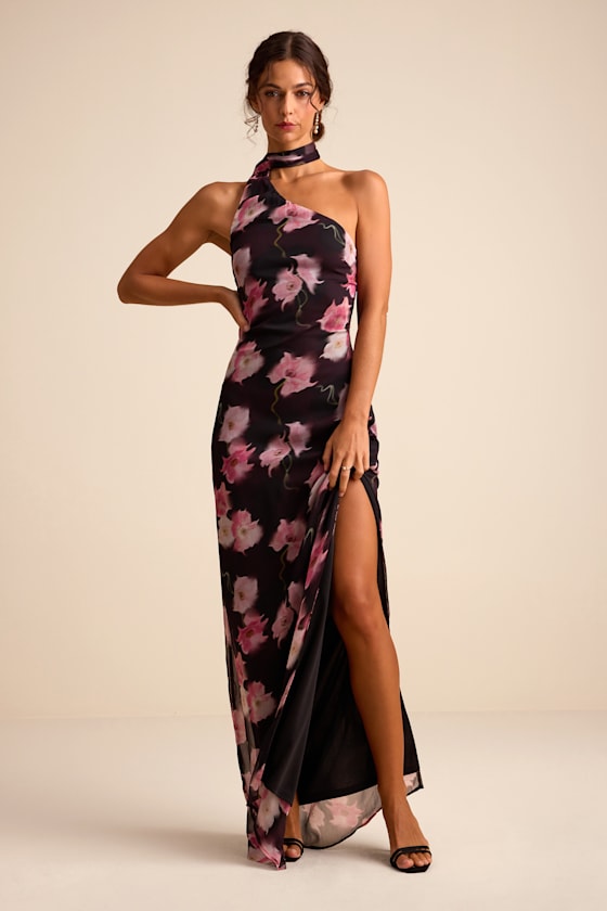 Leighna Black and Pink Textured One-Shoulder Scarf Maxi Dress 1