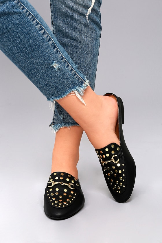 black studded mules flat