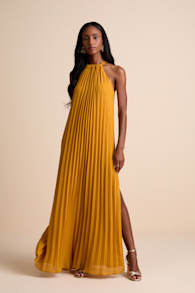 Exceptionally Elegant Marigold Pleated Chiffon Maxi Dress 1