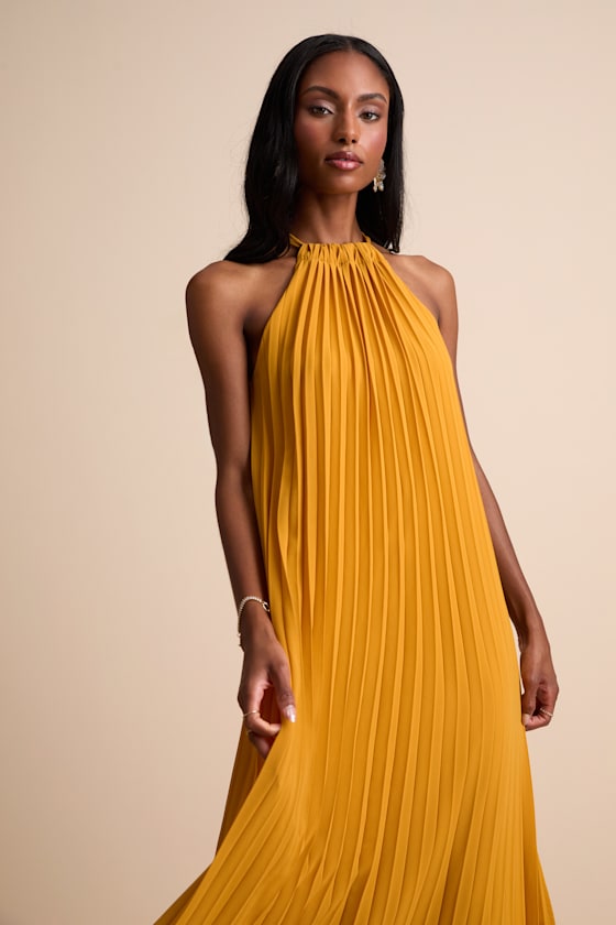 Exceptionally Elegant Marigold Pleated Chiffon Maxi Dress 2