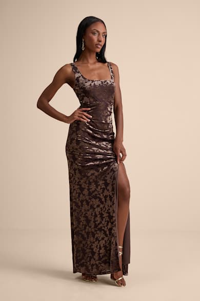 open lace back dress Chocolate Brown Floral Print Maxi Dress - All Dresses main image 0