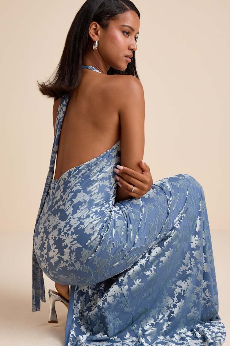 Sharon Slate Blue Velvet Burnout Halter Maxi Dress