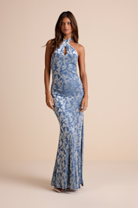 Sharon Slate Blue Velvet Burnout Halter Maxi Dress 2