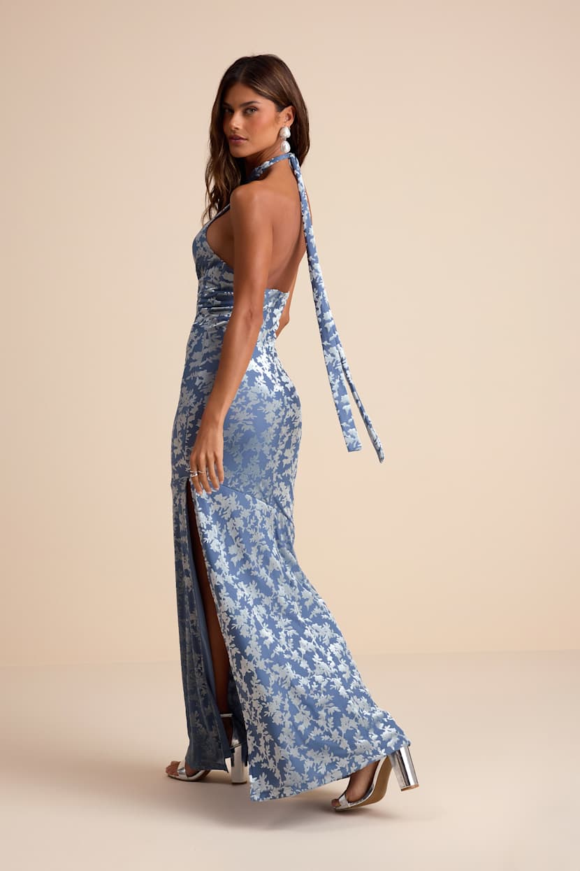 Sharon Slate Blue Velvet Burnout Halter Maxi Dress