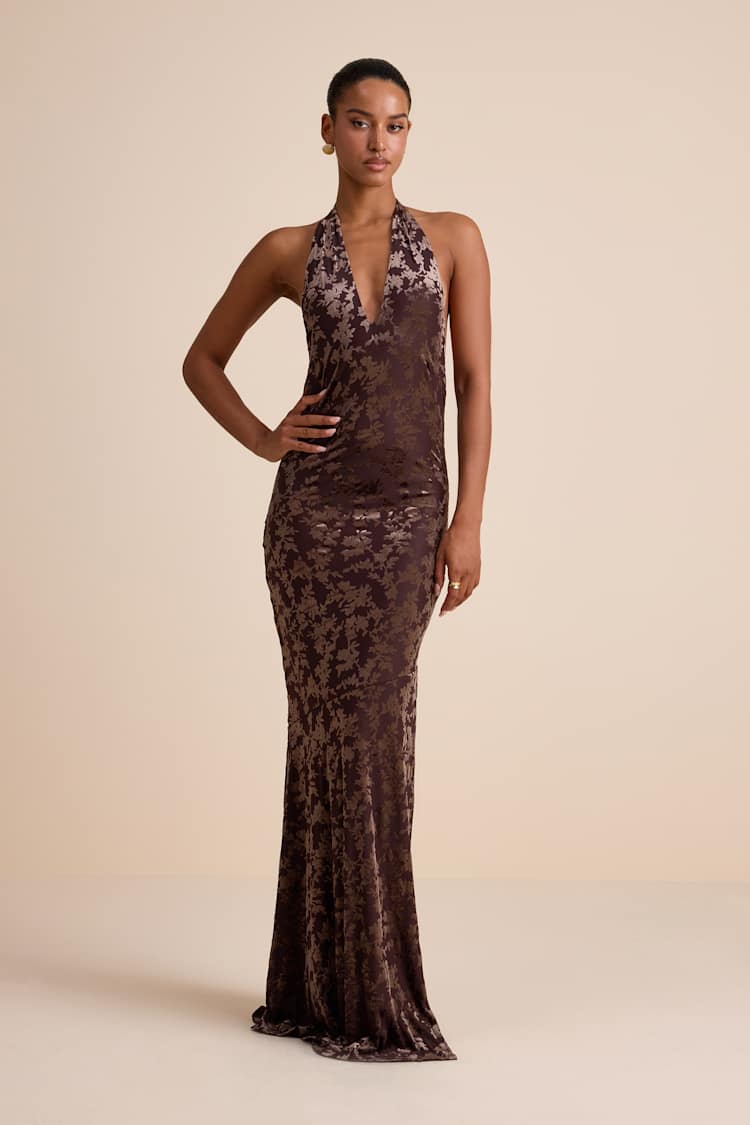 Sharon Brown Velvet Burnout Halter Maxi Dress
