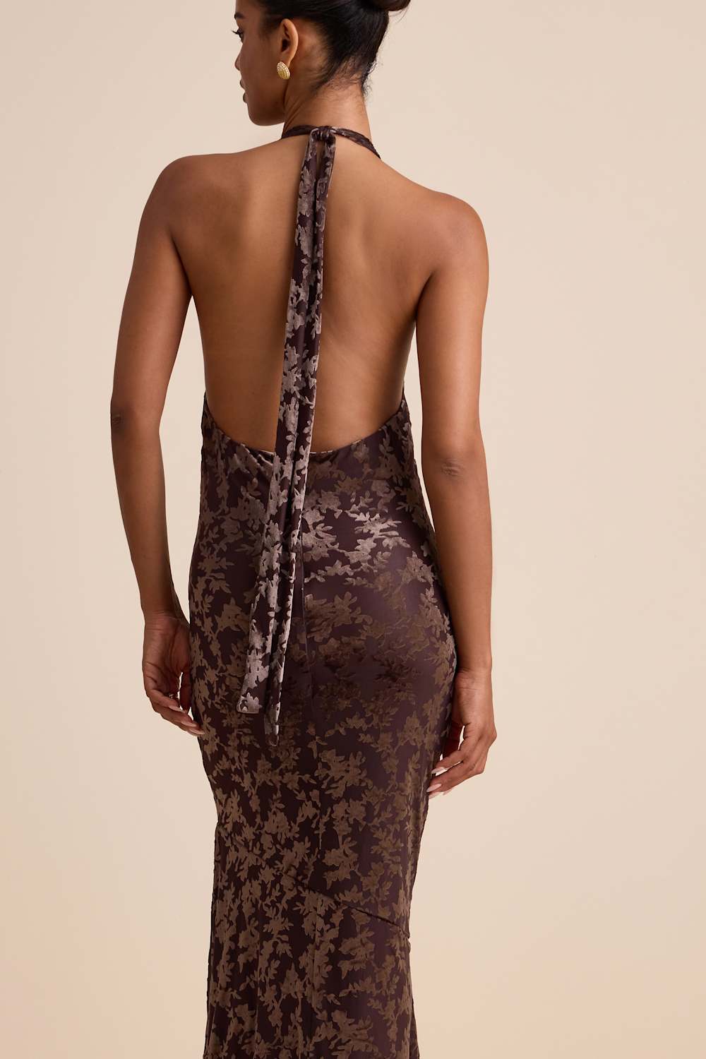Sharon Brown Velvet Burnout Halter Maxi Dress