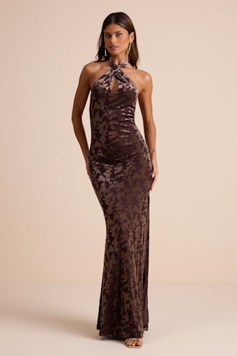 Sharon Brown Velvet Burnout Halter Maxi Dress 2