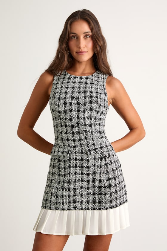 Black Tweed Dress - Pleated Hem Mini Dress - Sleeveless