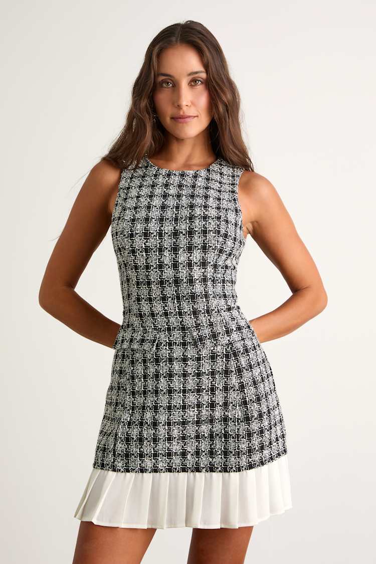 Lulus | Black Tweed Pleated Hem Mini Dress | Womens | X-Large | 100% Polyester