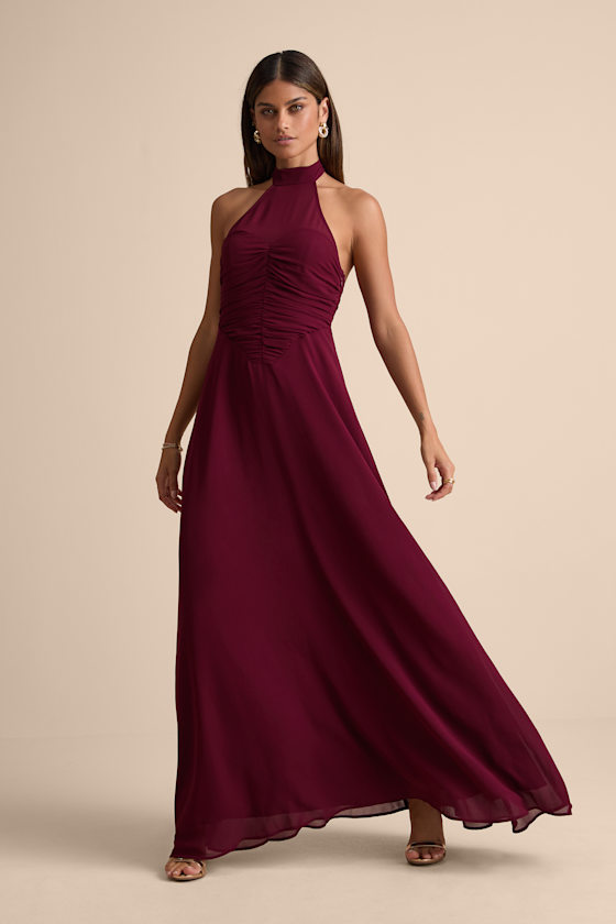Cammie Burgundy Halter Neck Ruched Maxi Dress 1