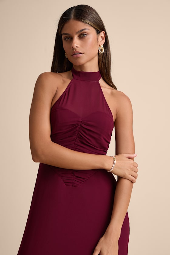 Cammie Burgundy Halter Neck Ruched Maxi Dress 2