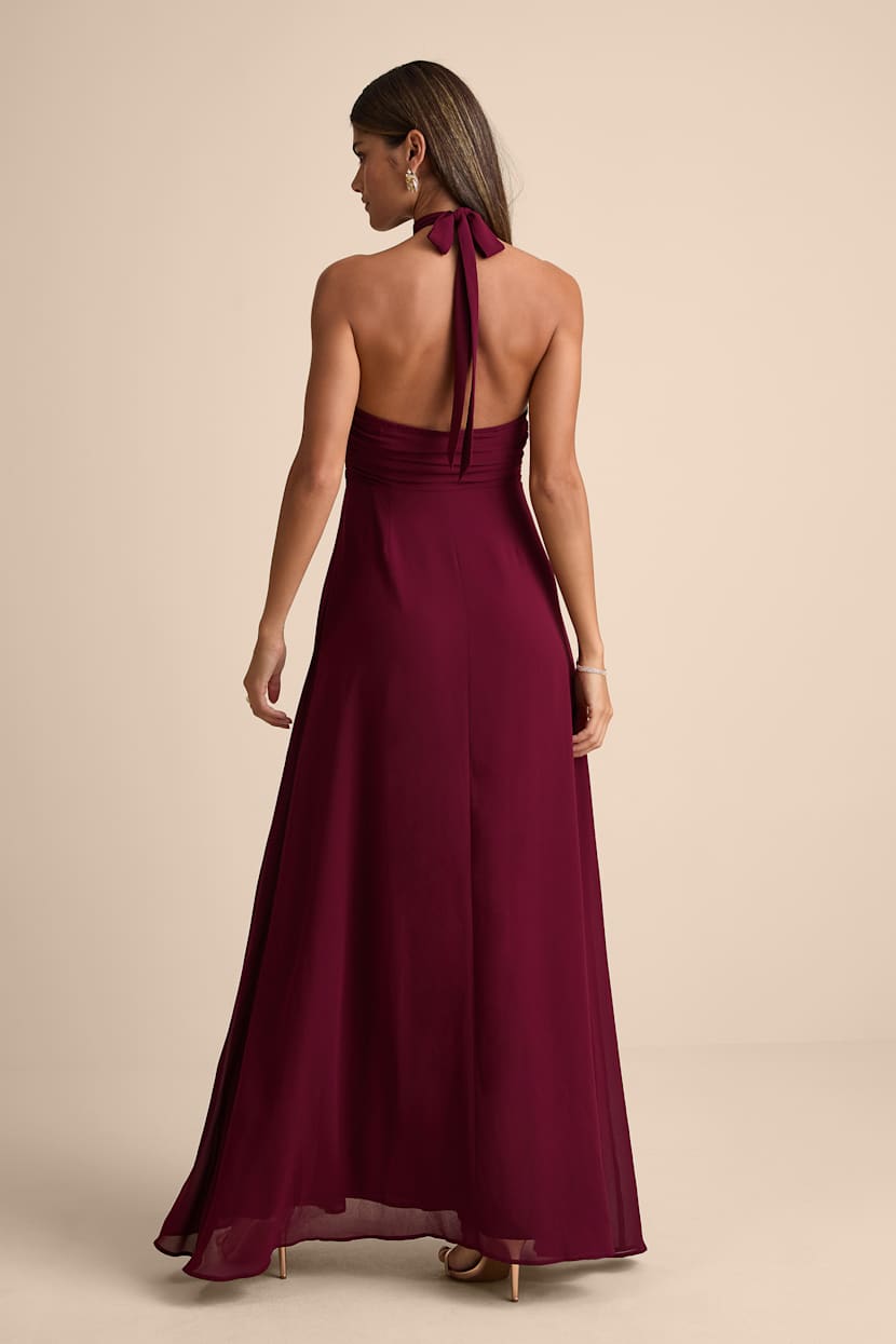 Burgundy Halter Neck Ruched Maxi Dress | Womens | X-Small | 100% Polyester | Lulus