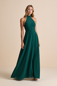 Cammie Emerald Halter Neck Ruched Maxi Dress 1