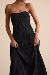 Narasha Black Pleated Strapless Maxi Dress 1