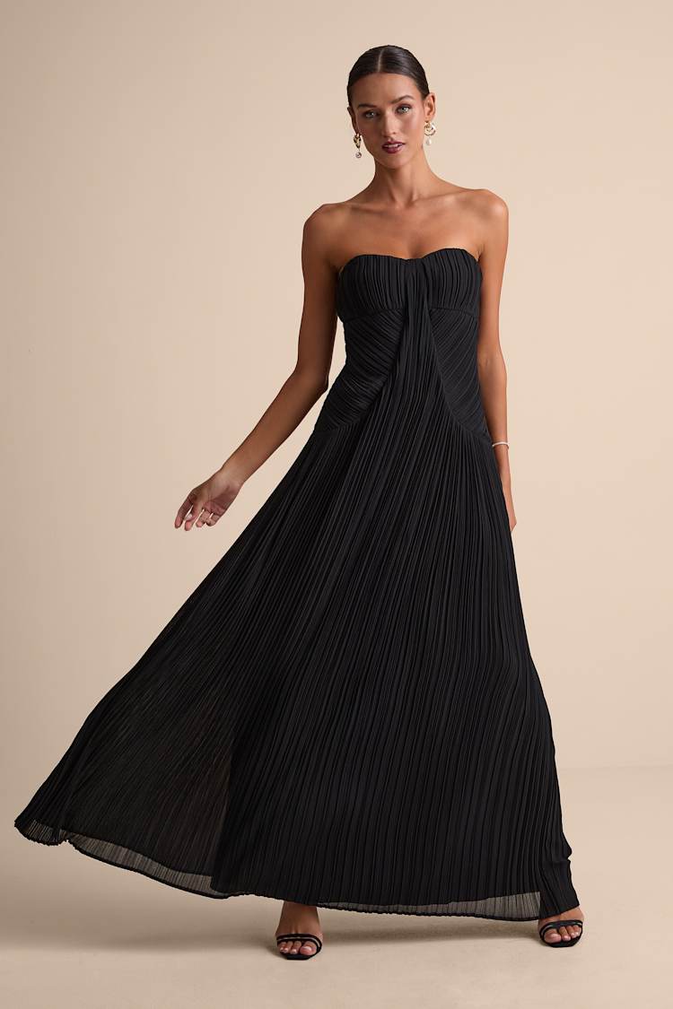Narasha Black Pleated Strapless Maxi Dress