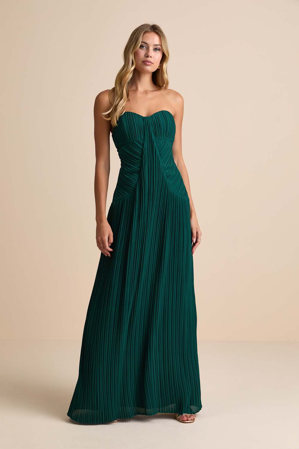 Narasha Emerald Pleated Strapless Maxi Dress