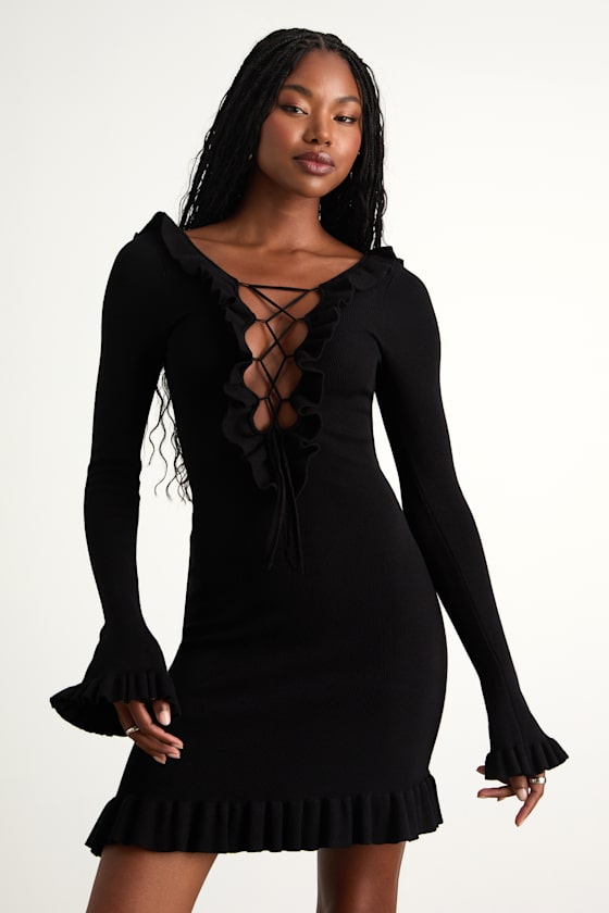 Black Ribbed Sweater Dress - Lace-Up Mini Dress - Ruffled Dress
