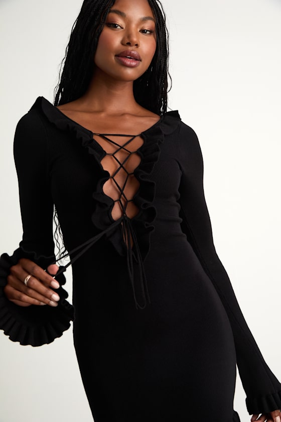 Black Ribbed Sweater Dress - Lace-Up Mini Dress - Ruffled Dress