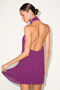 Gretchen Purple Pleated Halter Backless Mini Dress 1