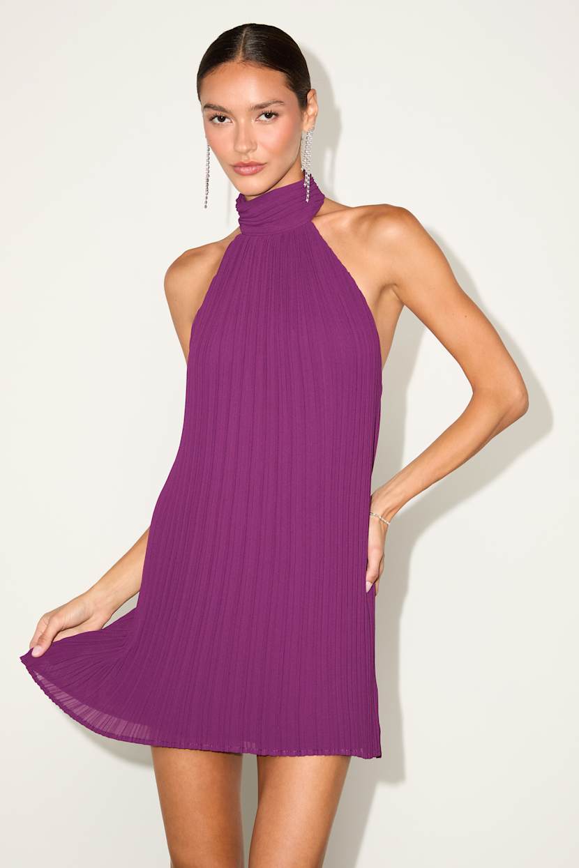 Gretchen Purple Pleated Halter Backless Mini Dress