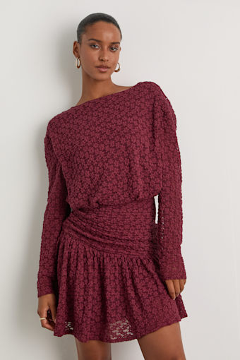 Zallie Wine Red Textured Knit Ruched Long Sleeve Mini Dress 1