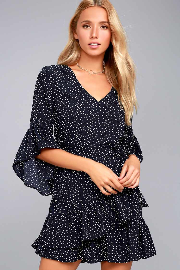 Cute Navy Blue Dress - Polka Dot Dress - Wrap Dress - Lulus